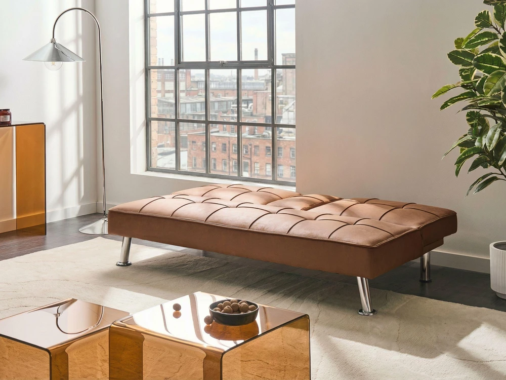 Beliani Išskleidžiama 3 vietų sofa ROXEN ekologiška oda, auksinė ruda