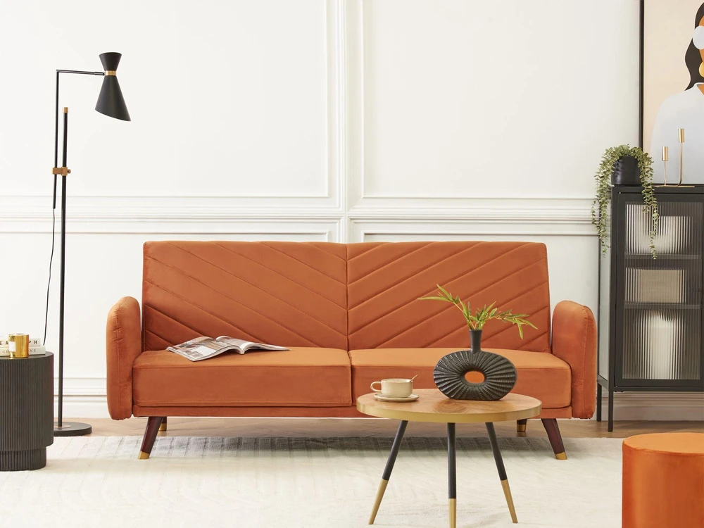 Beliani Išskleidžiama 3 vietų sofa SENJA, veliūrinė, oranžinė