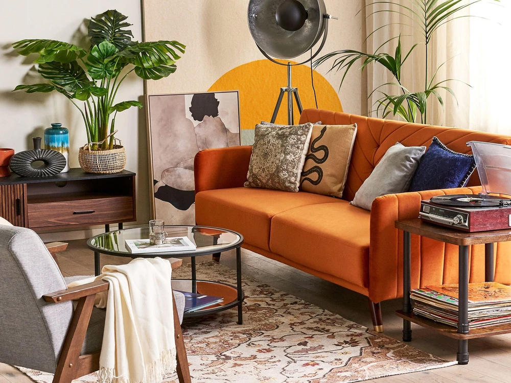 Beliani Išskleidžiama 3 vietų sofa SENJA, veliūrinė, oranžinė