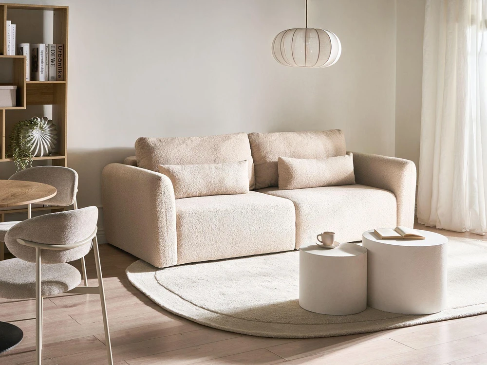 Beliani Išskleidžiama 3 vietų sofa VAXHOLM Boucle, šviesiai smėlio spalvos su daiktadėže