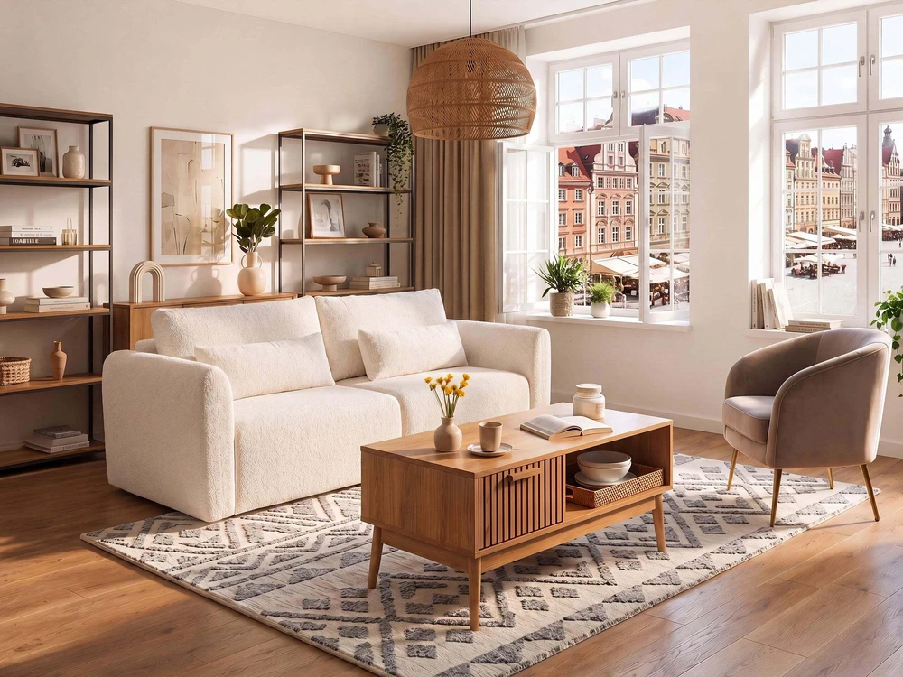 Beliani Išskleidžiama 3 vietų sofa VAXHOLM Boucle, šviesiai smėlio spalvos su daiktadėže