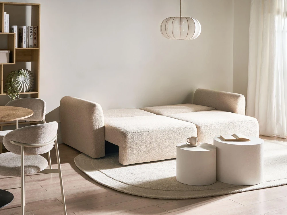 Beliani Išskleidžiama 3 vietų sofa VAXHOLM Boucle, šviesiai smėlio spalvos su daiktadėže