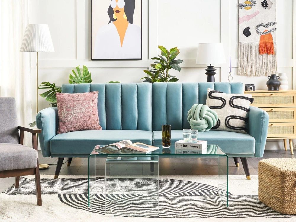 Beliani Išskleidžiama 3 vietų sofa VIMMERBY mėlyno aksomo