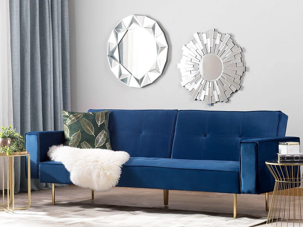 Beliani Išskleidžiama 3 vietų sofa VISNES, tamsiai mėlynas veliūras