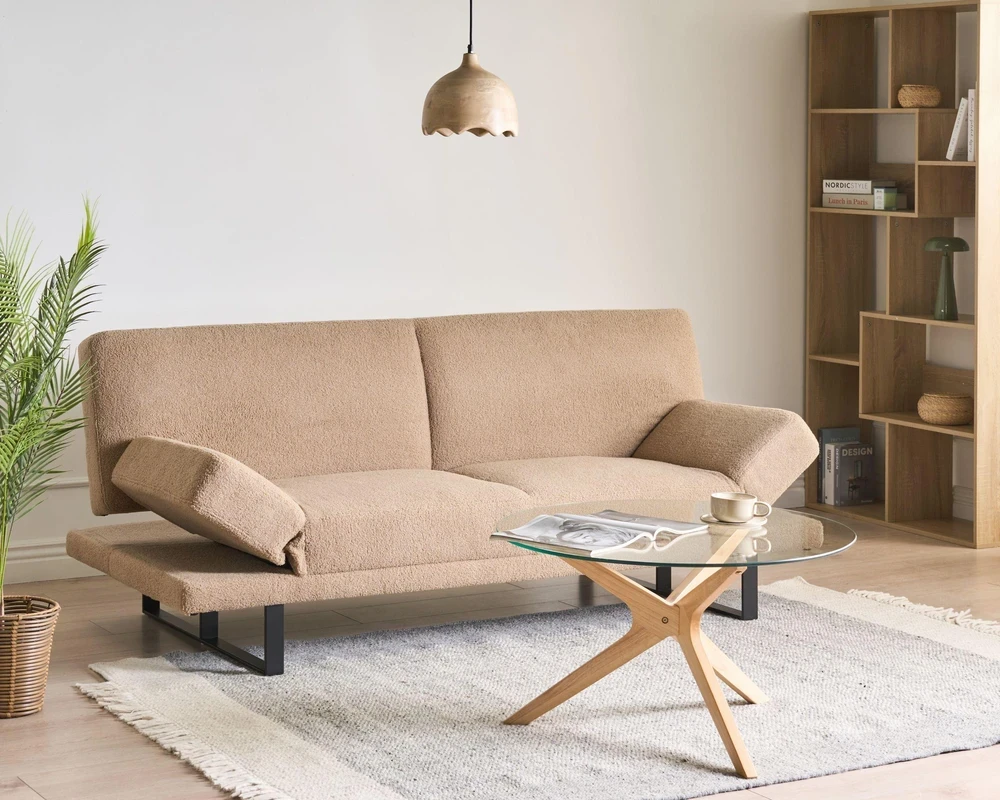 Beliani Išskleidžiama dvivietė sofa „YORK Boucle“ smėlio spalvos