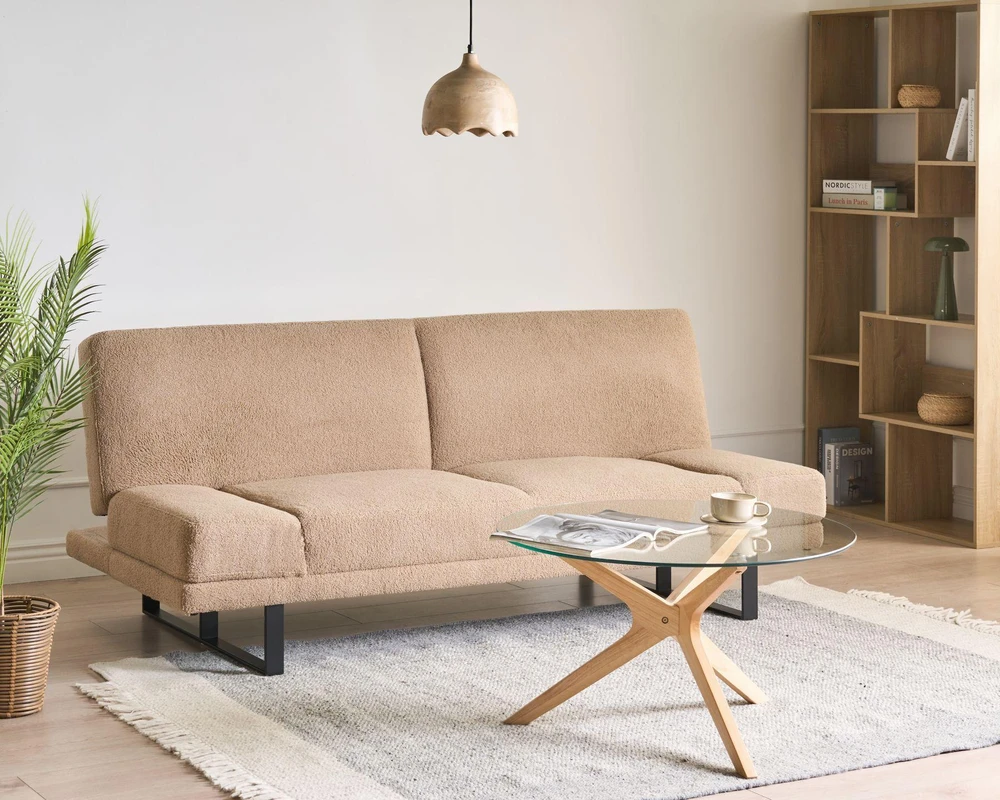 Beliani Išskleidžiama dvivietė sofa „YORK Boucle“ smėlio spalvos