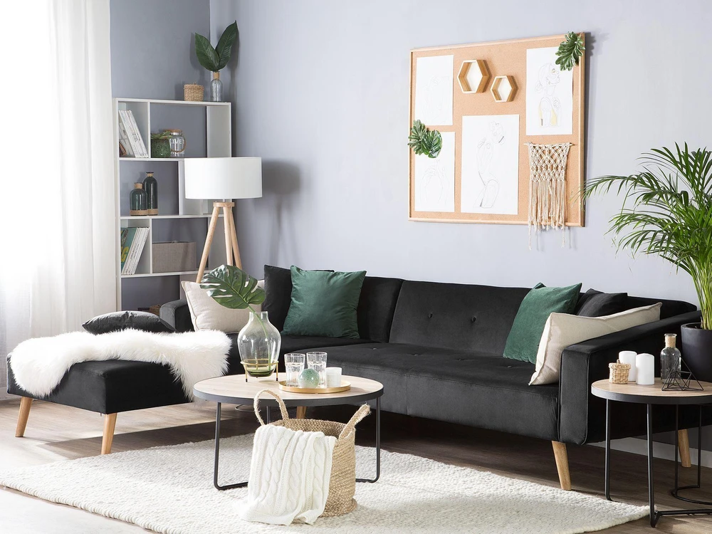 Beliani Išskleidžiama kampinė sofa 4 asmenims VADSO, veliūrinė, juoda, dešininė