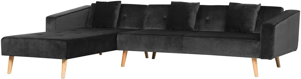 Beliani Išskleidžiama kampinė sofa 4 asmenims VADSO, veliūrinė, juoda, dešininė
