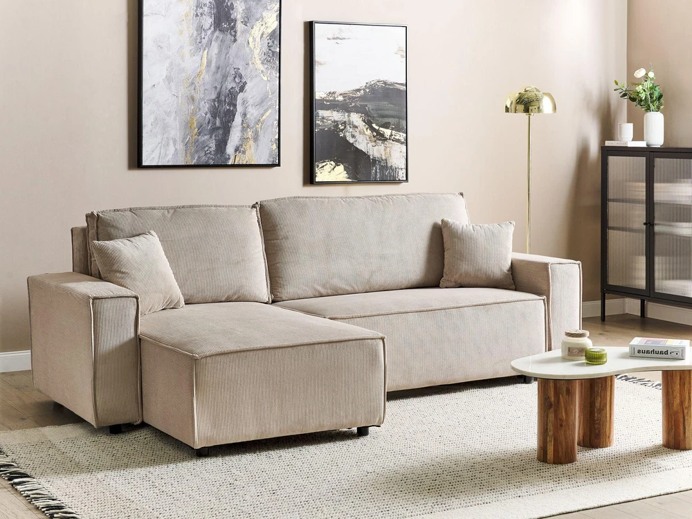Beliani Išskleidžiama kampinė sofa ABACKA, Velvetas, Smėlio spalva, Dešininė