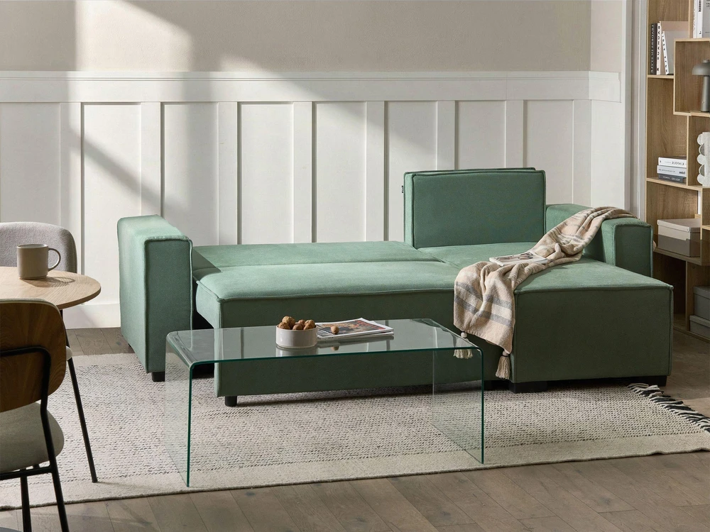 Beliani Išskleidžiama kampinė sofa EDANE, 3 vietų, šviesiai žalia su patalynės dėže, kairinė