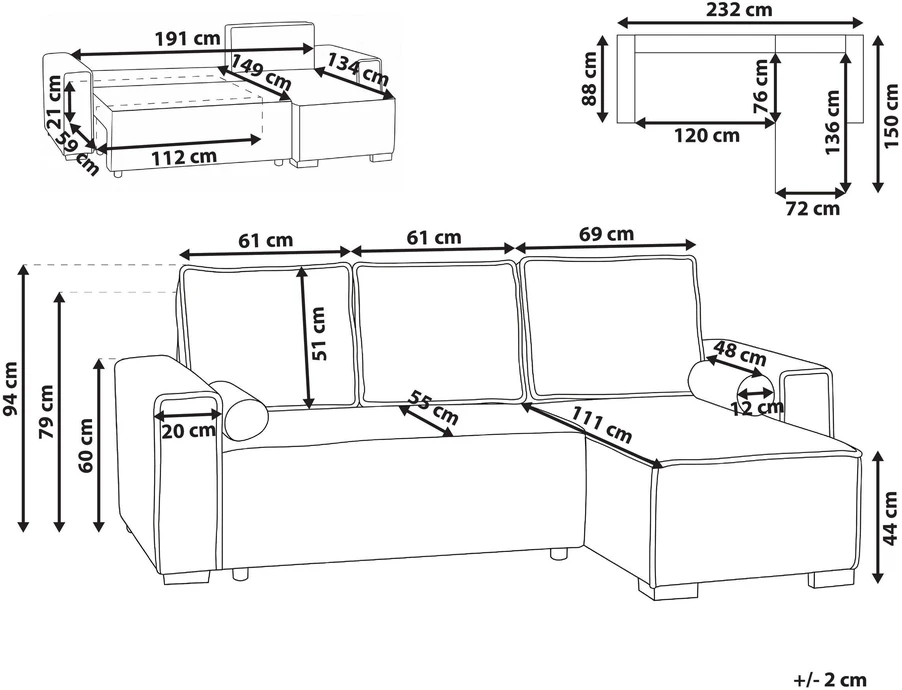 Beliani Išskleidžiama kampinė sofa EDANE, 3 vietų, šviesiai žalia su patalynės dėže, kairinė