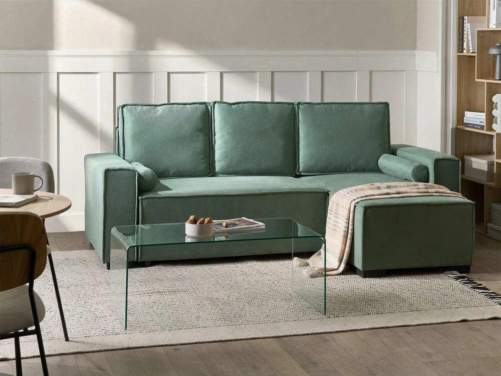 Beliani Išskleidžiama kampinė sofa EDANE, 3 vietų, šviesiai žalia su patalynės dėže, kairinė