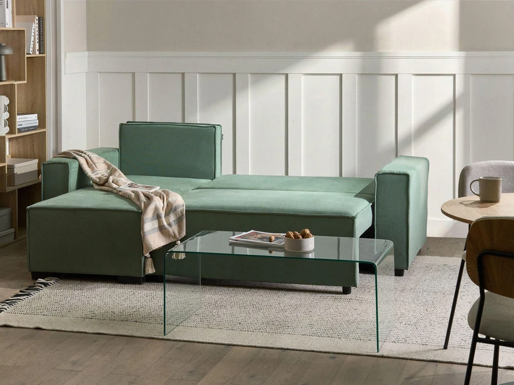 Beliani Išskleidžiama kampinė sofa EDANE, 3 vietų, šviesiai žalia, su patalynės dėže, dešininė