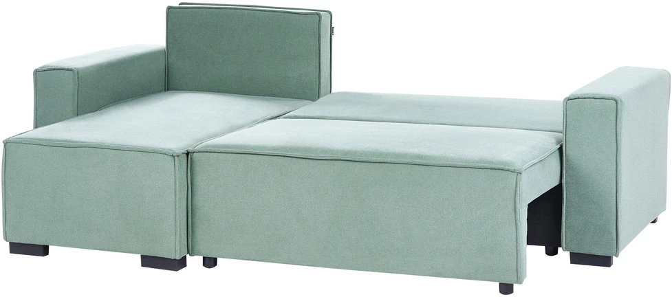Beliani Išskleidžiama kampinė sofa EDANE, 3 vietų, šviesiai žalia, su patalynės dėže, dešininė
