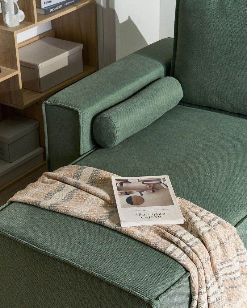 Beliani Išskleidžiama kampinė sofa EDANE, 3 vietų, šviesiai žalia, su patalynės dėže, dešininė