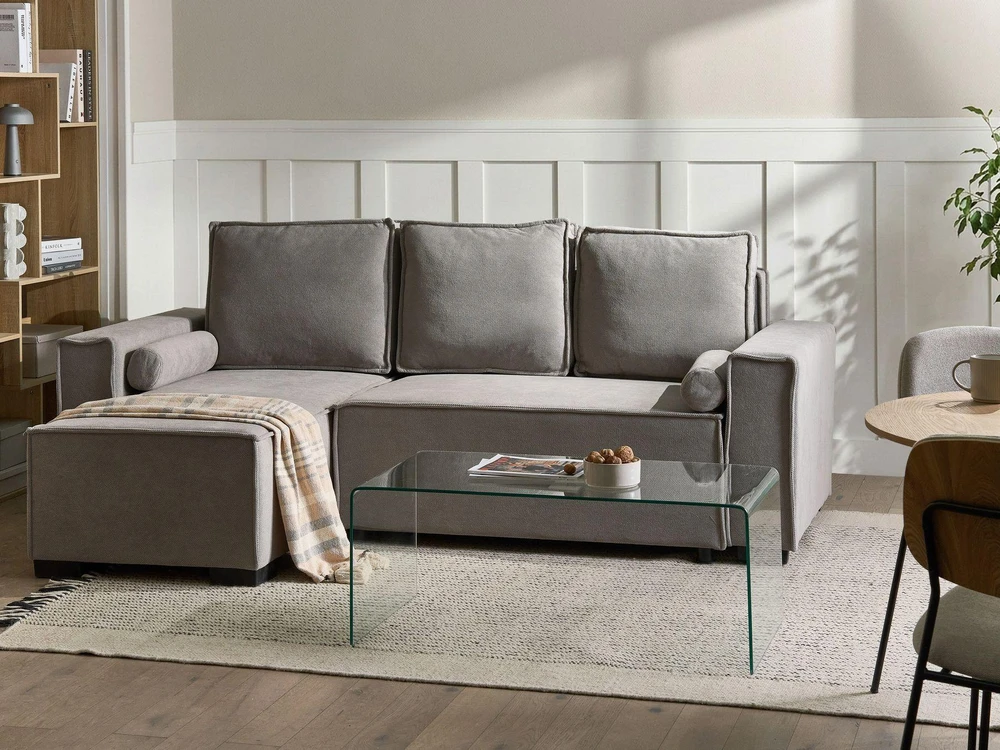 Beliani Išskleidžiama kampinė sofa EDANE, 3 vietų, pilka, su patalynės dėže, dešininė