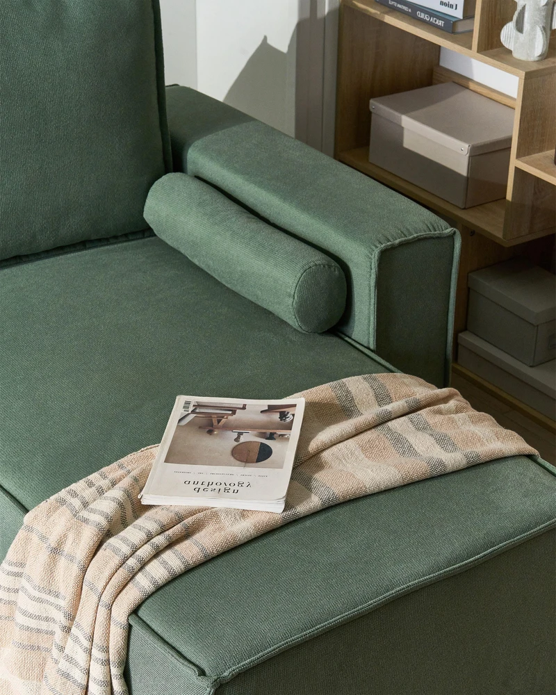 Beliani Išskleidžiama kampinė sofa EDANE, 3 vietų, šviesiai žalia su patalynės dėže, kairinė