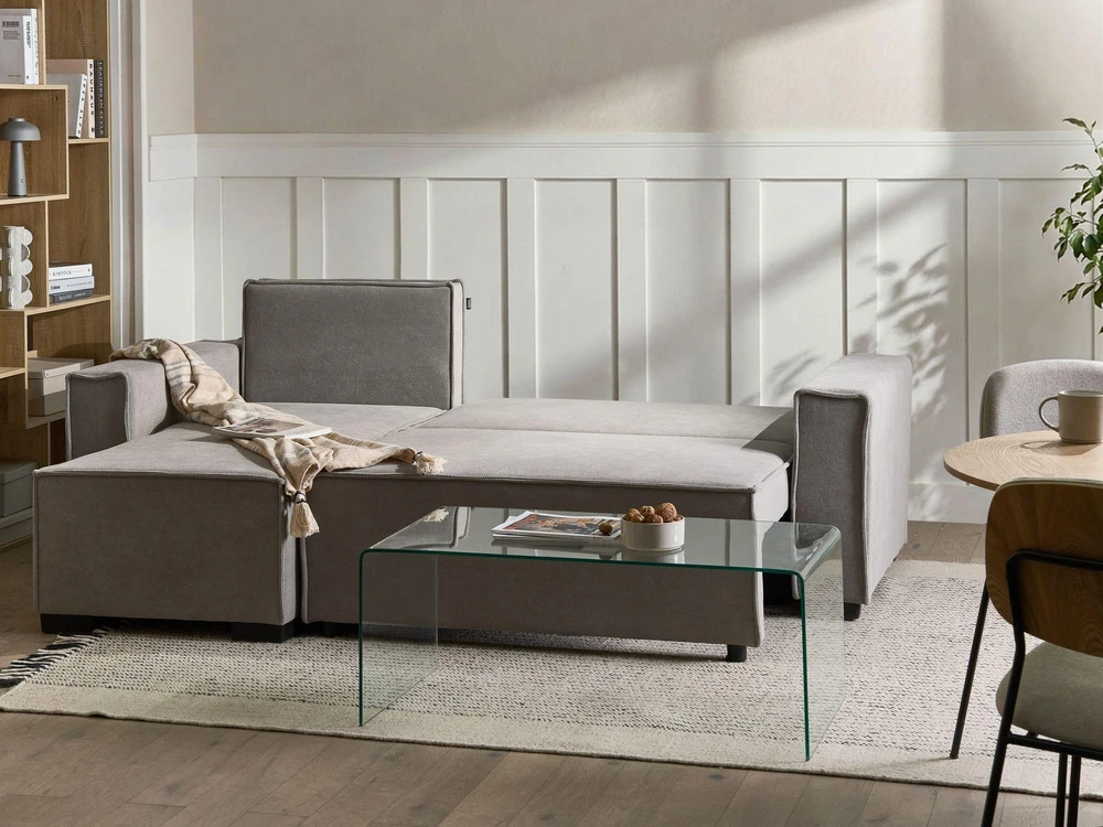 Beliani Išskleidžiama kampinė sofa EDANE, 3 vietų, pilka, su patalynės dėže, dešininė