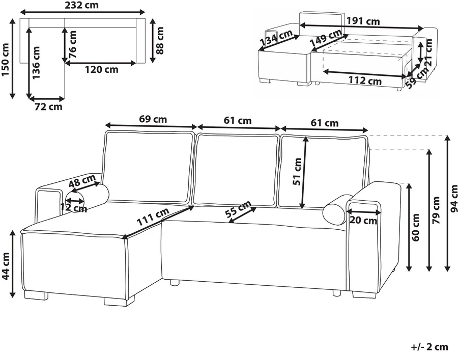 Beliani Išskleidžiama kampinė sofa EDANE, 3 vietų, šviesiai žalia, su patalynės dėže, dešininė