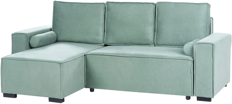 Beliani Išskleidžiama kampinė sofa EDANE, 3 vietų, šviesiai žalia, su patalynės dėže, dešininė