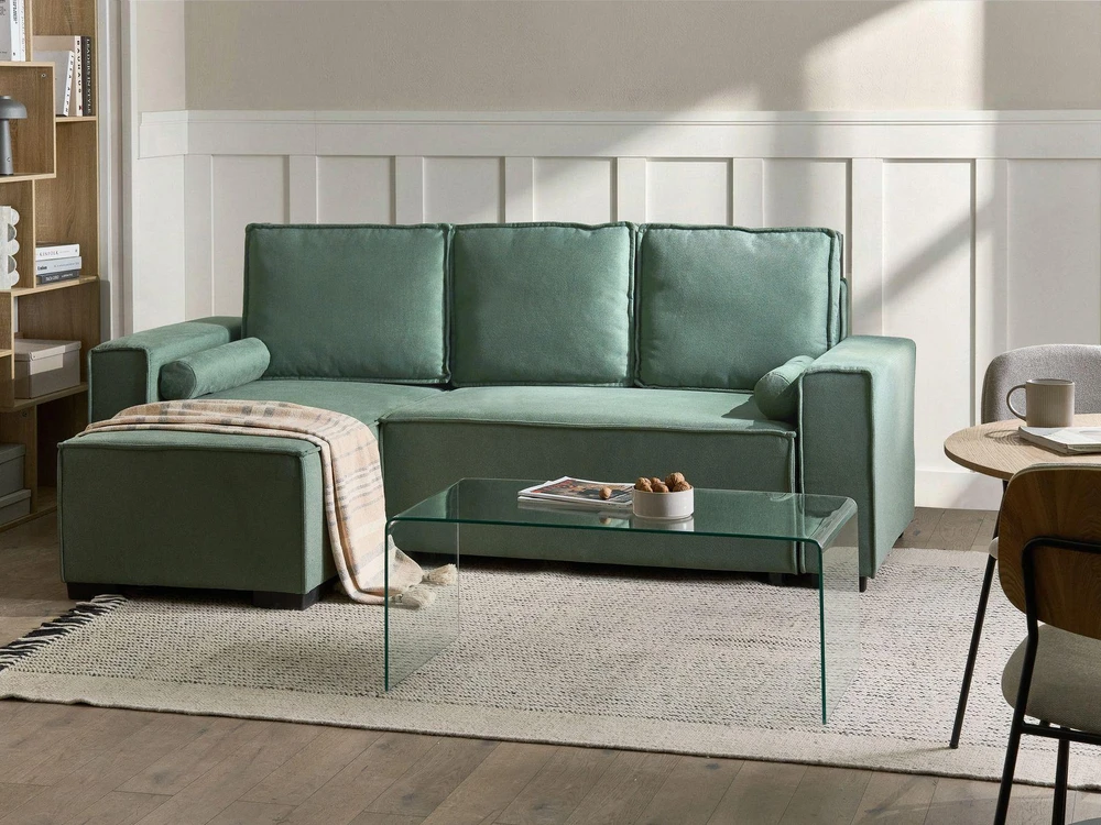 Beliani Išskleidžiama kampinė sofa EDANE, 3 vietų, šviesiai žalia, su patalynės dėže, dešininė
