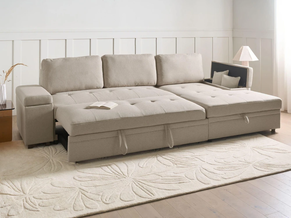 Beliani Išskleidžiama kampinė sofa HRISEY, 3 vietų, sintetinis linas, smėlio spalvos, kairinė