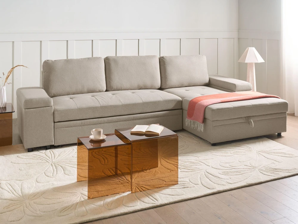 Beliani Išskleidžiama kampinė sofa HRISEY, 3 vietų, sintetinis linas, smėlio spalvos, kairinė