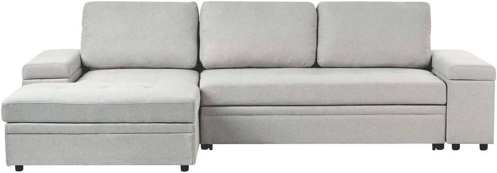Beliani Išskleidžiama kampinė sofa HRISEY, 3 vietų, sintetinio lino audinys, šviesiai pilka, su daiktadėže, dešininė