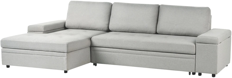 Beliani Išskleidžiama kampinė sofa HRISEY, 3 vietų, sintetinio lino audinys, šviesiai pilka, su daiktadėže, dešininė