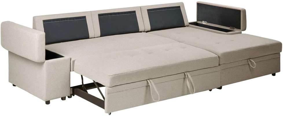 Beliani Išskleidžiama kampinė sofa HRISEY, 3 vietų, sintetinis linas, smėlio spalvos, kairinė