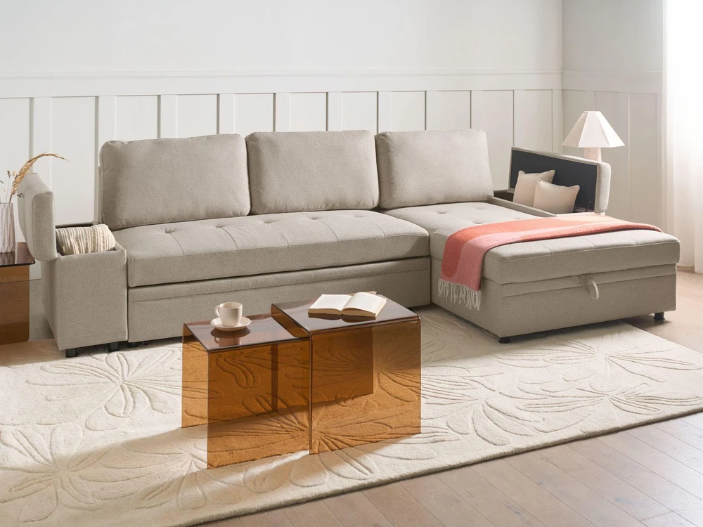 Beliani Išskleidžiama kampinė sofa HRISEY, 3 vietų, sintetinis linas, smėlio spalvos, kairinė