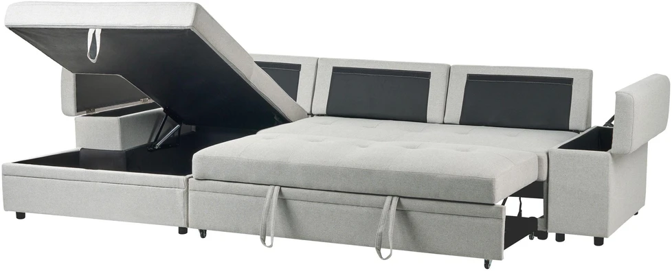 Beliani Išskleidžiama kampinė sofa HRISEY, 3 vietų, sintetinio lino audinys, šviesiai pilka, su daiktadėže, dešininė