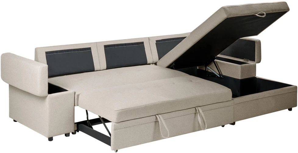 Beliani Išskleidžiama kampinė sofa HRISEY, 3 vietų, sintetinis linas, smėlio spalvos, kairinė