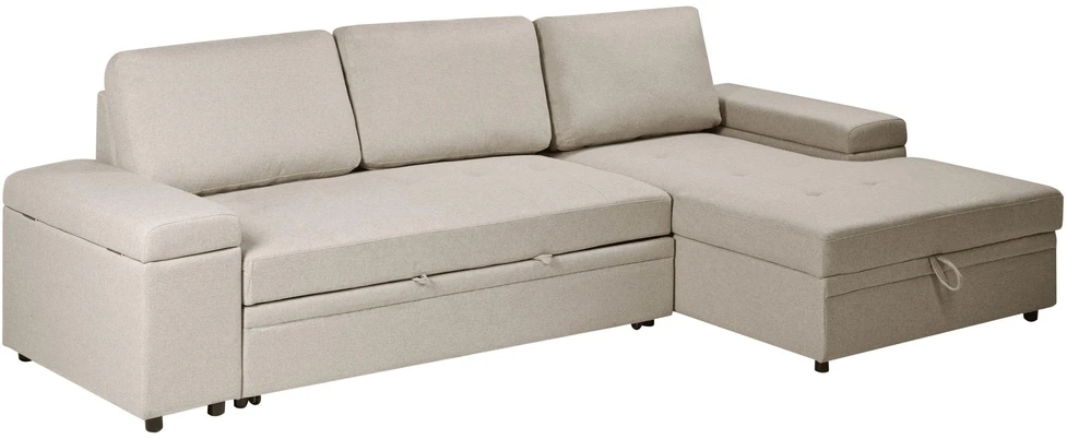Beliani Išskleidžiama kampinė sofa HRISEY, 3 vietų, sintetinis linas, smėlio spalvos, kairinė