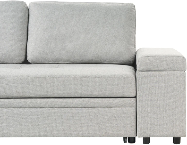 Beliani Išskleidžiama kampinė sofa HRISEY, 3 vietų, sintetinio lino audinys, šviesiai pilka, su daiktadėže, dešininė