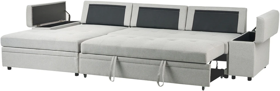 Beliani Išskleidžiama kampinė sofa HRISEY, 3 vietų, sintetinio lino audinys, šviesiai pilka, su daiktadėže, dešininė