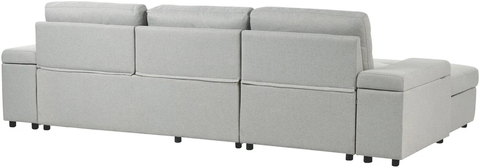 Beliani Išskleidžiama kampinė sofa HRISEY, 3 vietų, sintetinio lino audinys, šviesiai pilka, su daiktadėže, dešininė