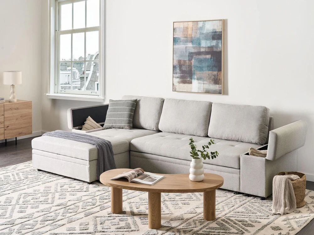 Beliani Išskleidžiama kampinė sofa HRISEY, 3 vietų, sintetinio lino audinys, šviesiai pilka, su daiktadėže, dešininė