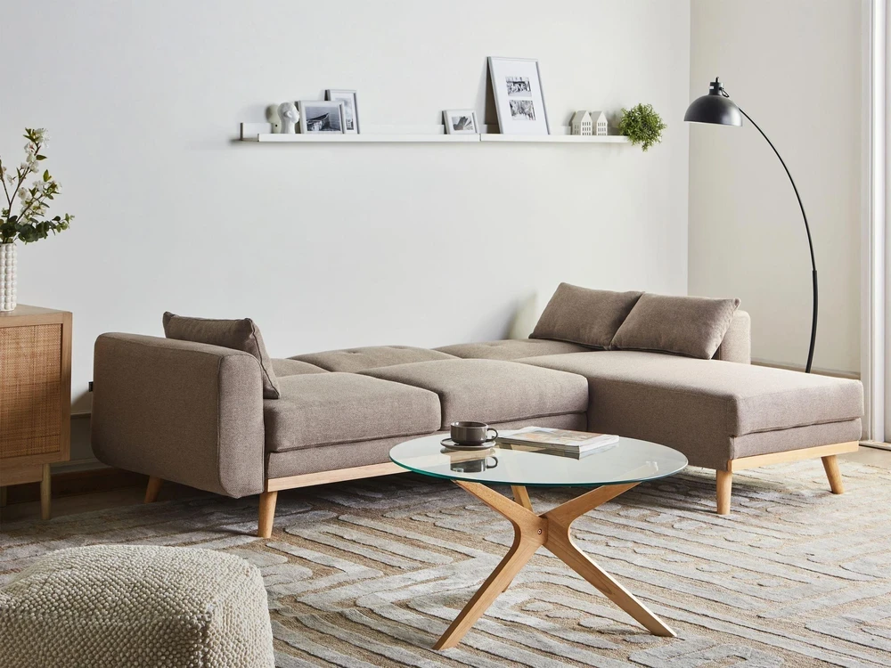 Beliani Išskleidžiama kampinė sofa KAARINA 3 vietų šviesiai ruda kairinė