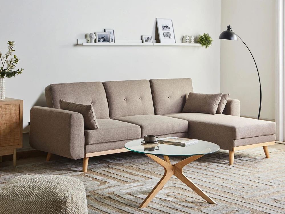 Beliani Išskleidžiama kampinė sofa KAARINA 3 vietų šviesiai ruda kairinė