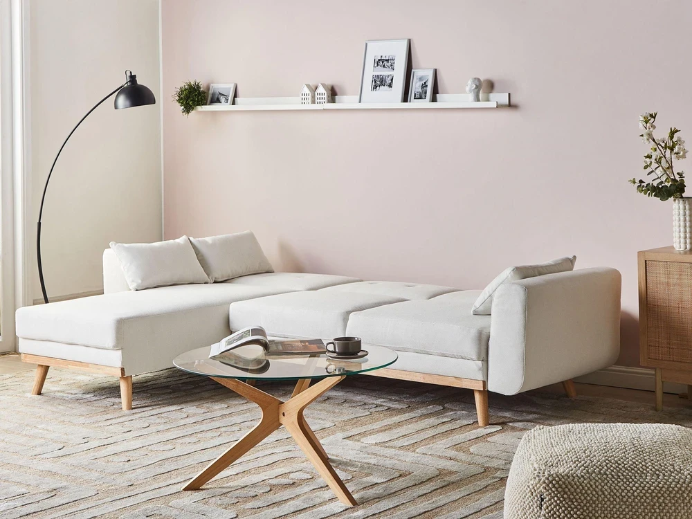 Beliani Išskleidžiama kampinė sofa KAARINA, balta, dešininė