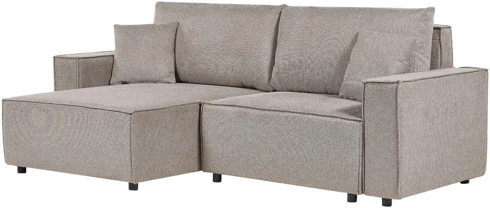 Beliani Išskleidžiama kampinė sofa KARILA, 3 vietų, smėlio spalvos, su patalynės dėže, dešininė