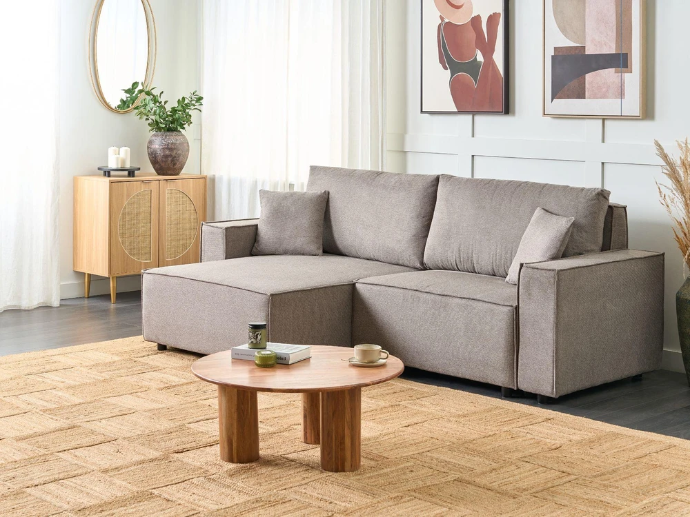 Beliani Išskleidžiama kampinė sofa KARILA, 3 vietų, smėlio spalvos, su patalynės dėže, dešininė