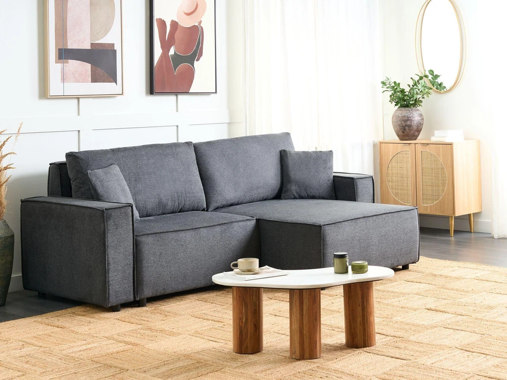 Beliani Išskleidžiama kampinė sofa KARILA, 3 vietų, tamsiai pilka, su patalynės dėže, kairinė