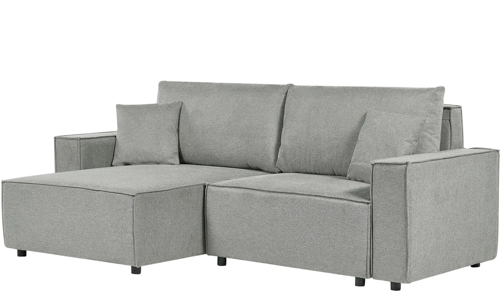 Beliani Išskleidžiama kampinė sofa KARILA pilka su patalynės dėže, dešininė