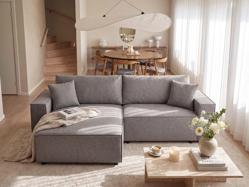 Beliani Išskleidžiama kampinė sofa KARILA pilka su patalynės dėže, dešininė