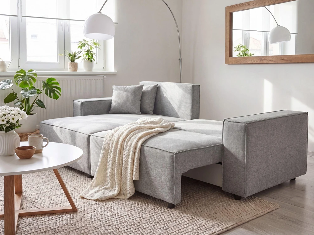 Beliani Išskleidžiama kampinė sofa KARILA pilka su patalynės dėže, dešininė
