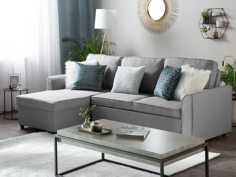 Beliani Išskleidžiama kampinė sofa NESNA, šviesiai pilka, su patalynės dėže, dešininė