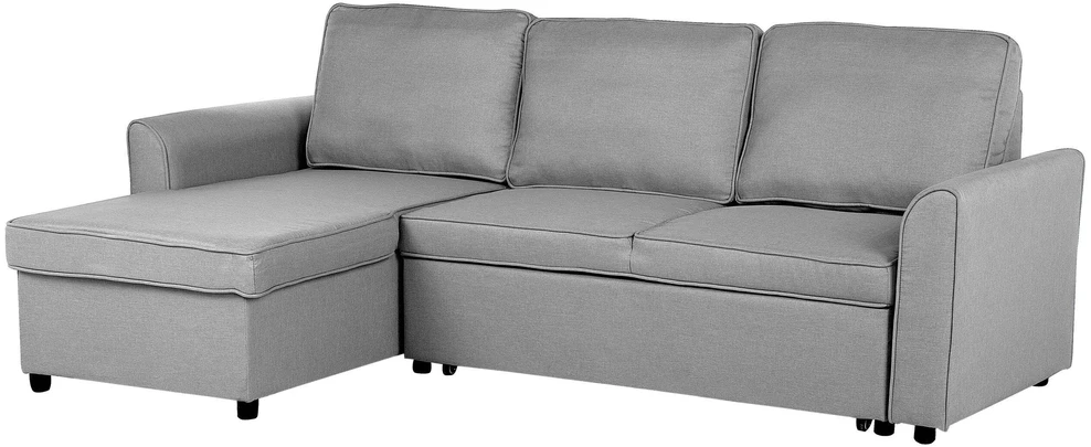 Beliani Išskleidžiama kampinė sofa NESNA, šviesiai pilka, su patalynės dėže, dešininė