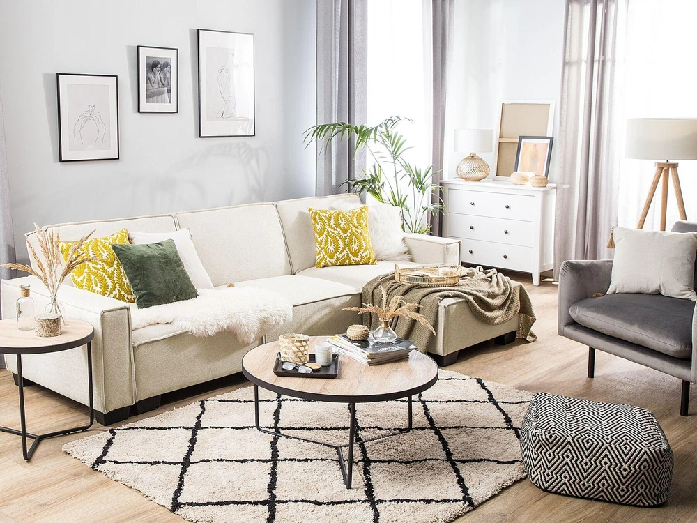 Beliani Išskleidžiama kampinė sofa ROMEDAL, smėlio spalvos